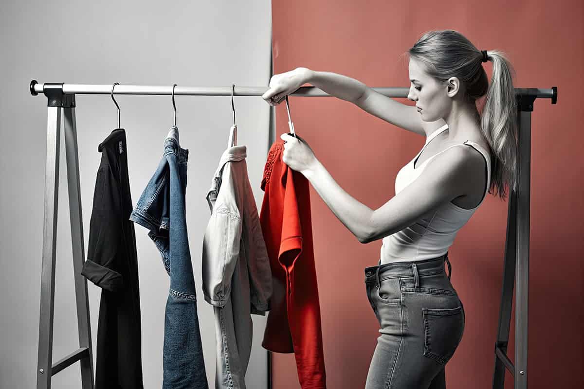 woman hanging up new clothes on a clothes rail