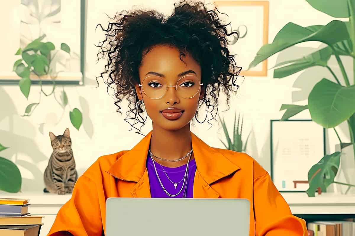 Young afro american freelancer woman works at home with a laptop and a cat