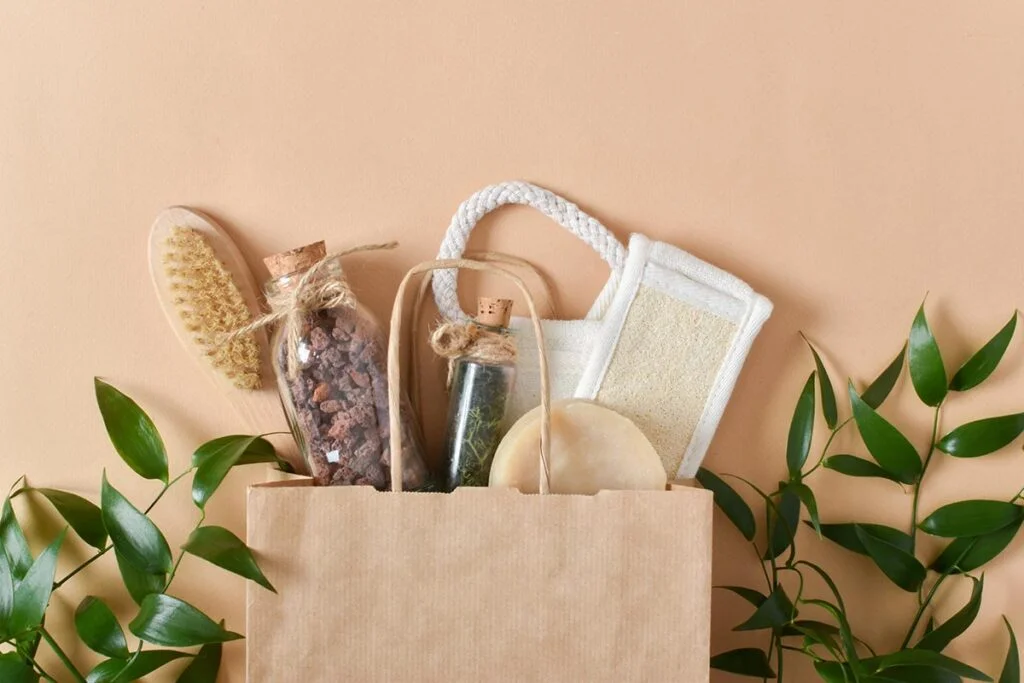 A paper bag with spa items Eco products for body care- Eco-Conscious