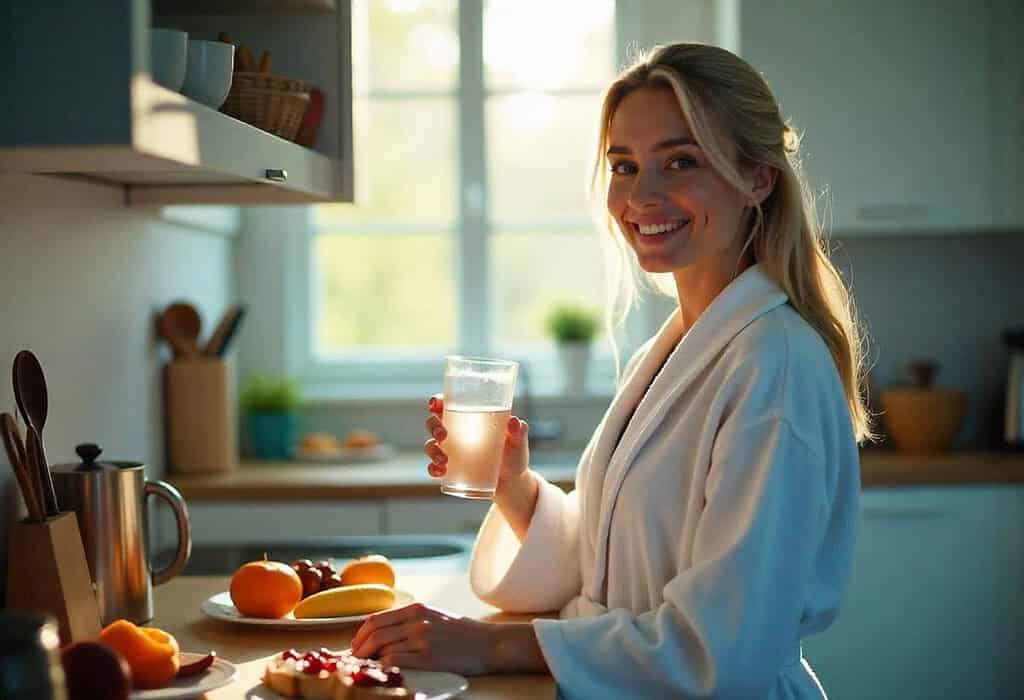 a woman in the kitchen at breakfest drinking an anti-aging drink