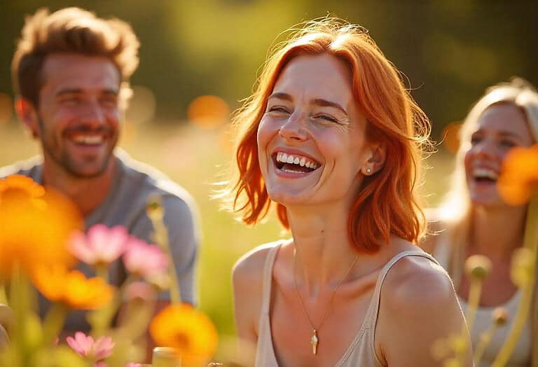 a woman laughing in a field on a summers day with positive mindset benefits