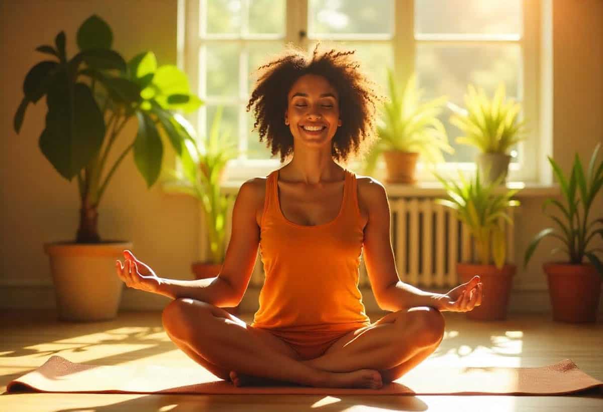 A woman sitting on a yoga mat, smiling and in her headspace