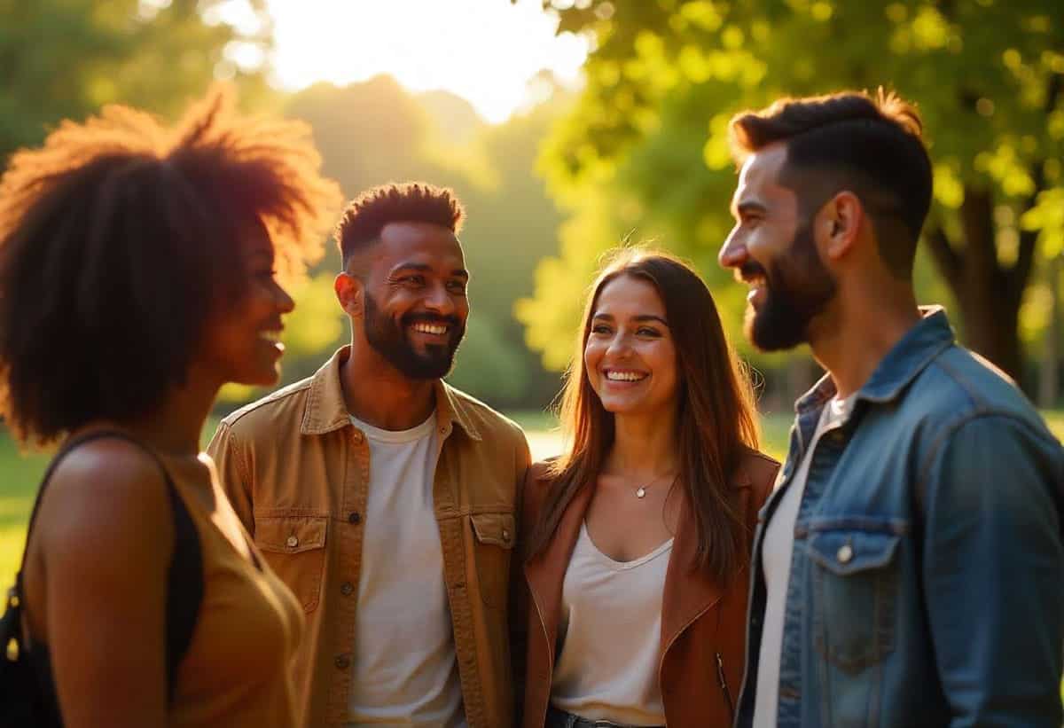 group of friends laughing in a park on a summers day