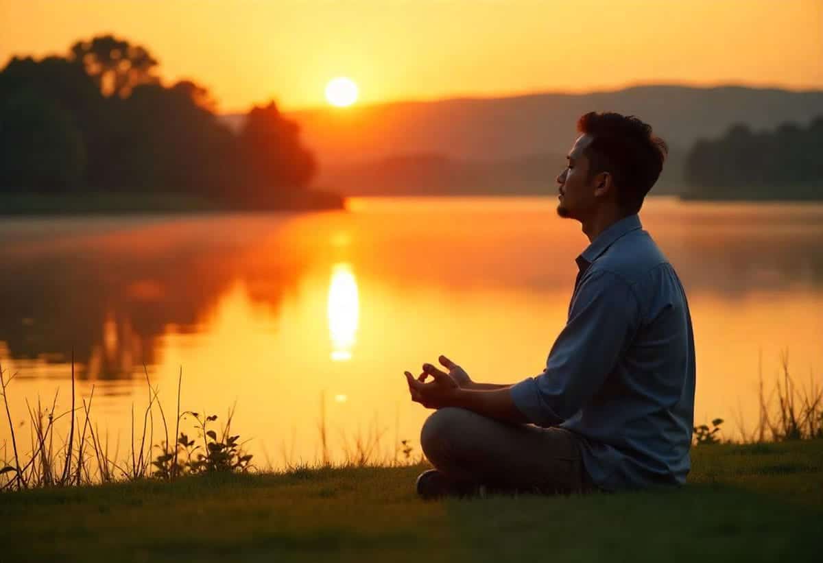 a man deep in thought by a lake at sunset