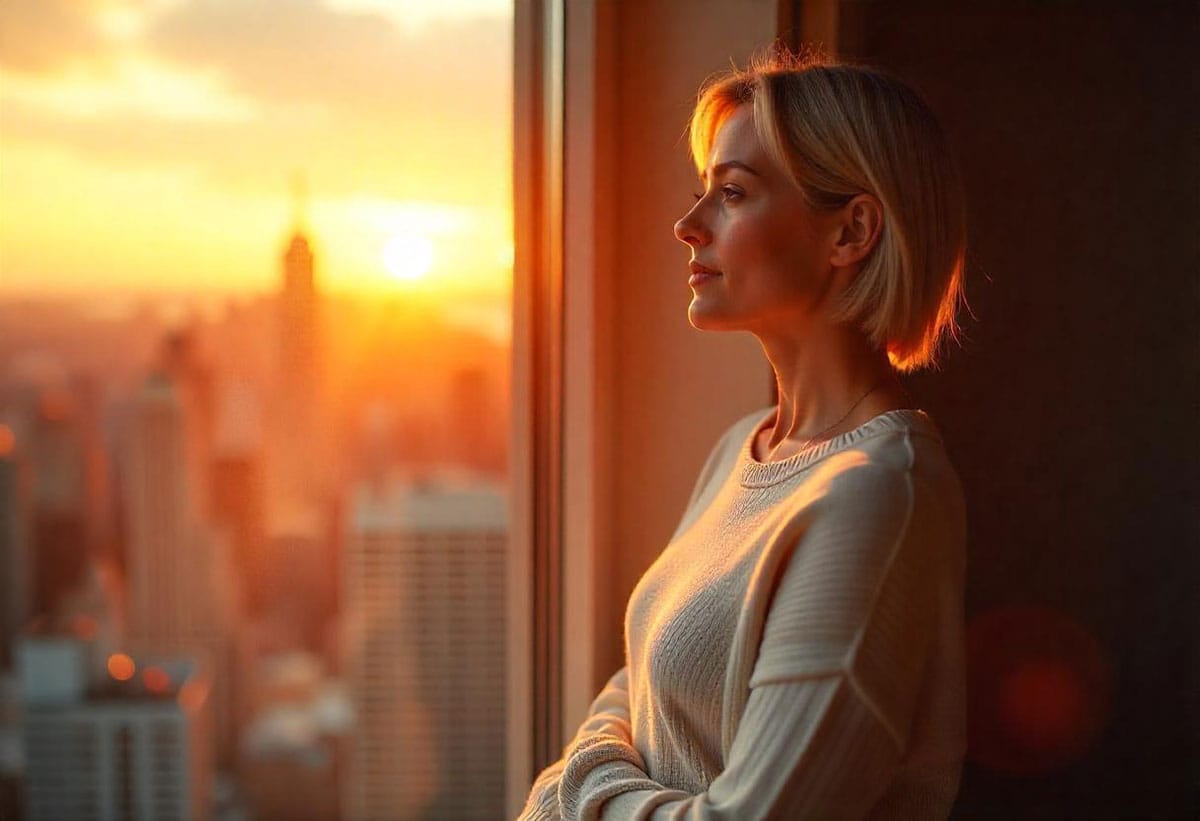 a Caucasian woman with short blonde hair standing by a window, gazing at a vibrant city skyline at sunset, her face showing a sense of peace, dressed in a cozy white sweater and leggings, warm golden light casting shadows around her