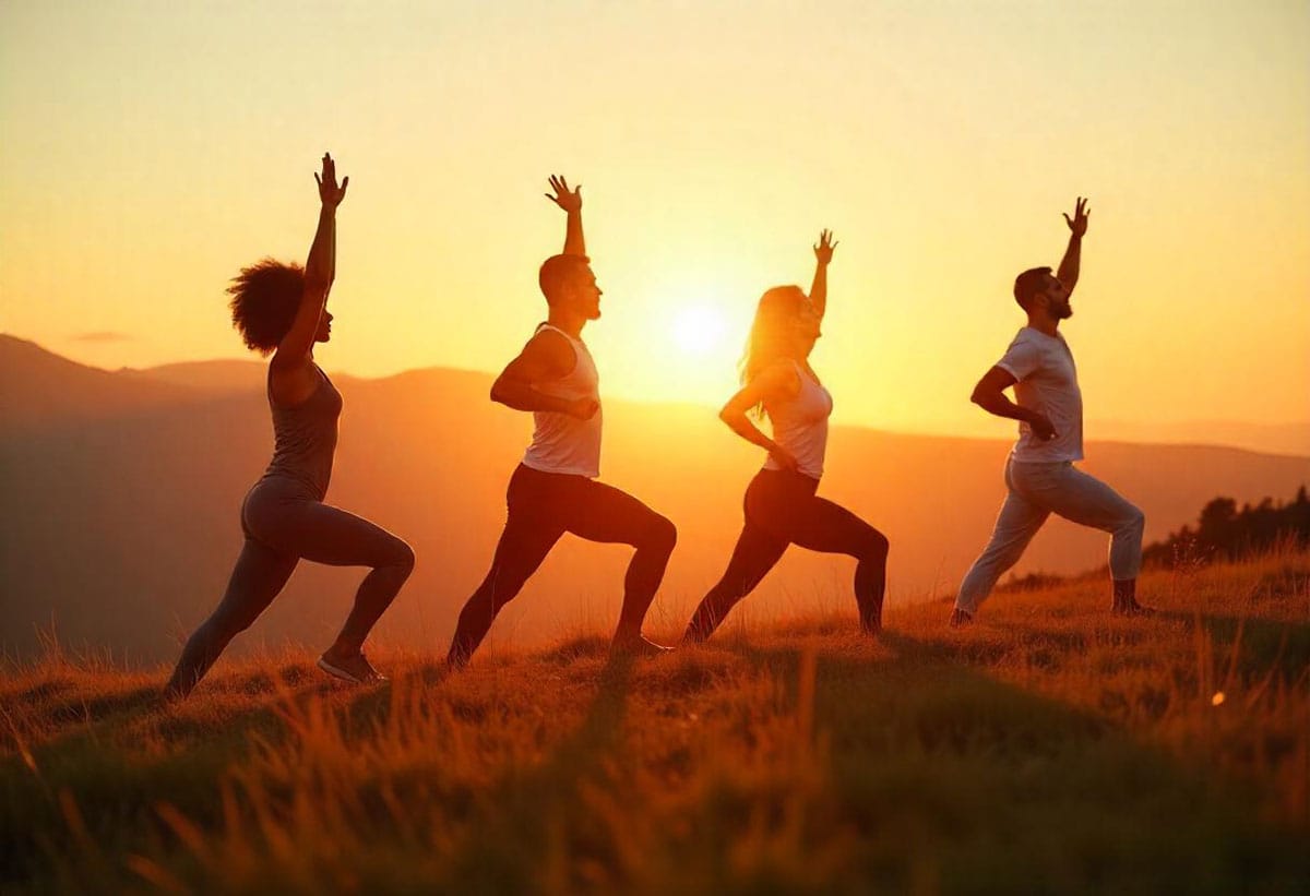 A serene sunrise landscape with a diverse group of four people: a Black woman with curly hair, a Hispanic man with straight hair, a Caucasian woman with long blonde hair, and a Middle-Eastern man with a beard, all practicing yoga on a grassy hill, showcasing their positive mindset journey.