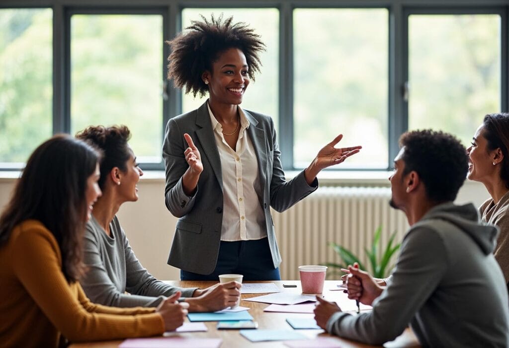 A woman in a community center, confidently leading a workshop with a diverse group of participants seated around her. She stands at the front of the room, gesturing passionately as she shares her knowledge on a subject close to her heart, perhaps personal development or a craft. She is dressed in smart-casual attire, exuding enthusiasm and warmth. On the table in front of her are materials and tools related to the workshop, showcasing her preparedness and dedication. The room is filled with natural light from large windows, creating an inviting atmosphere that encourages interaction and learning, embodying the spirit of taking action to inspire and empower others.