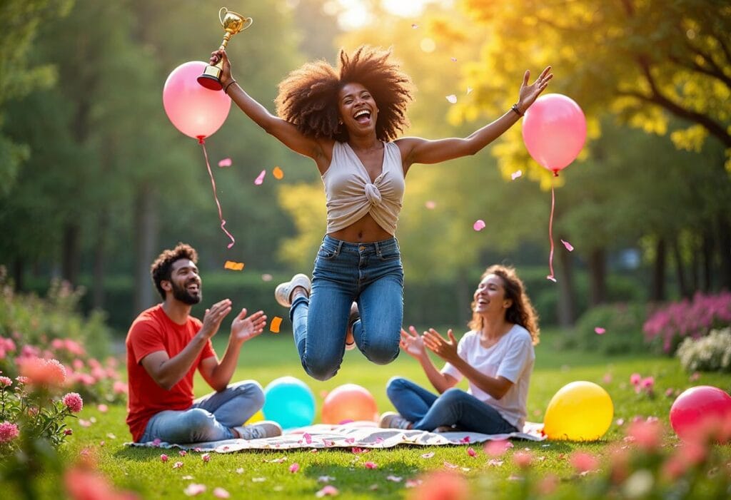 A woman joyfully jumping in the air in a vibrant park, surrounded by blooming flowers and greenery. She has a big smile on her face, symbolizing pure happiness and celebration. In one hand, she holds a small trophy or a certificate, representing her recent achievement. Balloons and confetti are floating around her, enhancing the festive atmosphere. The sun shines brightly overhead, casting a warm glow that emphasizes her excitement. Nearby, a picnic blanket is set up with friends or family, clapping and cheering, ready to celebrate her success together.