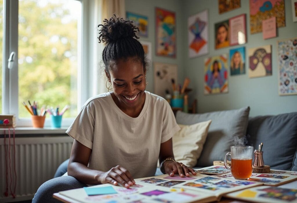 A woman seated in a comfortable, sunlit living room, surrounded by a variety of crafts and DIY projects. She is smiling as she works on a scrapbook, playfully layering colorful papers, stickers, and photographs without worrying about precise alignment or perfection. Her hair is casually tied back, and her attire is relaxed, reflecting a cozy atmosphere. The walls are adorned with her previous projects—some perfectly finished, others more whimsical and free-form—highlighting her journey of self-expression. A steaming cup of tea sits nearby, inviting her to enjoy the process rather than focus solely on the outcome.