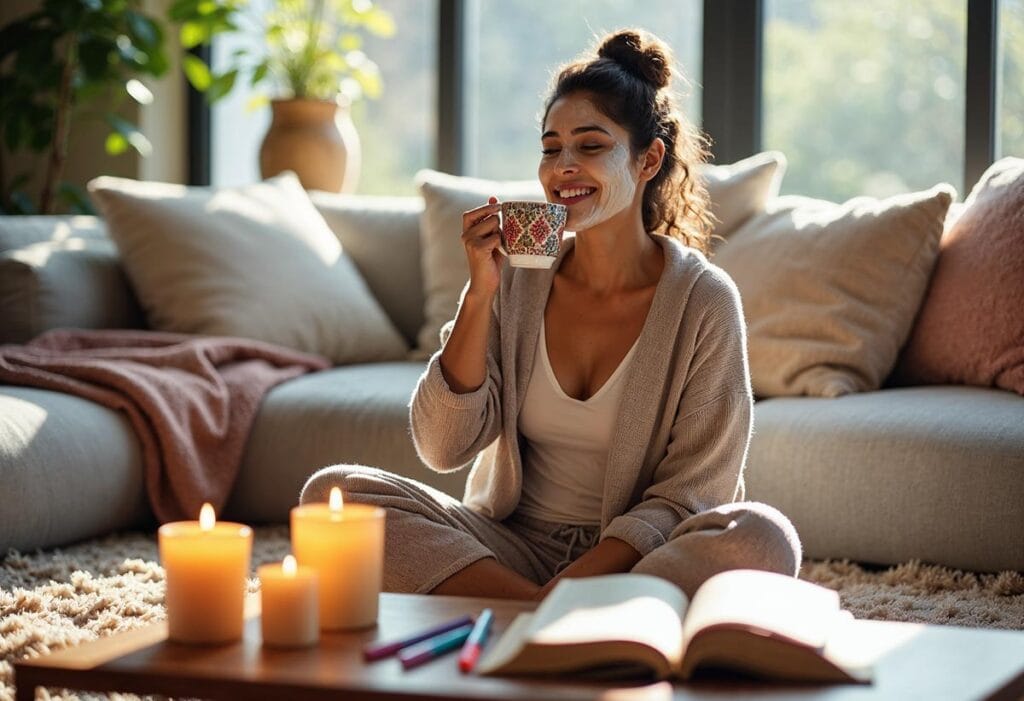 A woman in comfortable loungewear, sitting cross-legged on a plush rug in her living room, surrounded by soft pillows and cozy blankets. She has a content expression on her face as she enjoys a face mask and sips herbal tea from a beautifully crafted mug. On the coffee table in front of her, there are candles lit, a good book resting open, and a journal with colorful pens, showcasing her commitment to self-reflection and relaxation. Natural light floods the room through large windows, creating a warm and inviting atmosphere that emphasizes the importance of nurturing oneself daily.