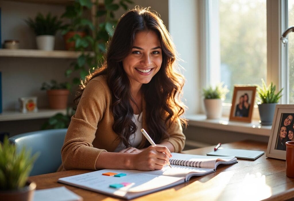 A Hispanic woman with long brown hair in a cozy, well-lit home office, sitting at a wooden desk with a determined yet cheerful expression. She is writing in a planner with colorful sticky notes and a list of small goals visible around her. On her desk, there is a small potted plant and a framed photo of her friends, reflecting a positive atmosphere. Sunlight pours in through a nearby window, symbolizing hope and clarity.