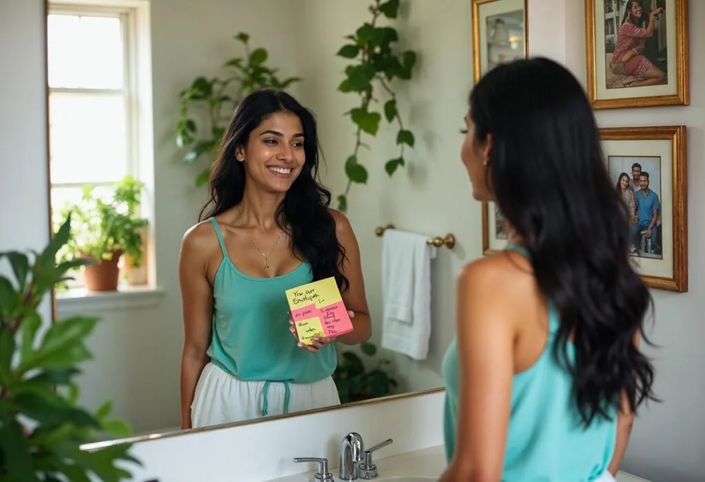 A woman standing in front of a bathroom mirror, smiling confidently at her reflection. She is dressed in comfortable loungewear, and her hair is loosely tied back. In one hand, she holds a colorful sticky note with positive affirmations written on it, such as “You are enough” and “Believe in yourself.” The bathroom is bright and inviting, with plants and personal touches like framed photos on the wall. Sunlight streams in through the window, illuminating her joyful expression as she practices positive self-talk, embodying self-love and acceptance.