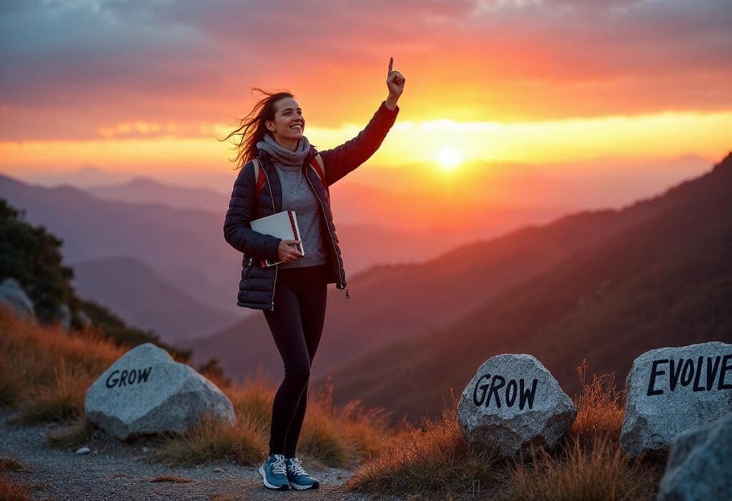 A woman standing on a hiking trail overlooking a breathtaking landscape, with mountains and a clear blue sky in the background. She has a look of determination and joy, symbolizing her embrace of challenges and growth. Dressed in active wear, she holds a journal in one hand, with the other hand raised in a gesture of triumph. Around her, there are motivational words like “Grow,” “Learn,” and “Evolve” written on the rocks or trees, reflecting her commitment to personal development. The scene conveys a sense of adventure, resilience, and the endless possibilities that come with a growth mindset.