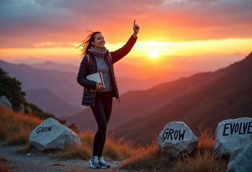 A woman standing on a hiking trail overlooking a breathtaking landscape, with mountains and a clear blue sky in the background. She has a look of determination and joy, symbolizing her embrace of challenges and growth. Dressed in active wear, she holds a journal in one hand, with the other hand raised in a gesture of triumph. Around her, there are motivational words like “Grow,” “Learn,” and “Evolve” written on the rocks or trees, reflecting her commitment to personal development. The scene conveys a sense of adventure, resilience, and the endless possibilities that come with a growth mindset.