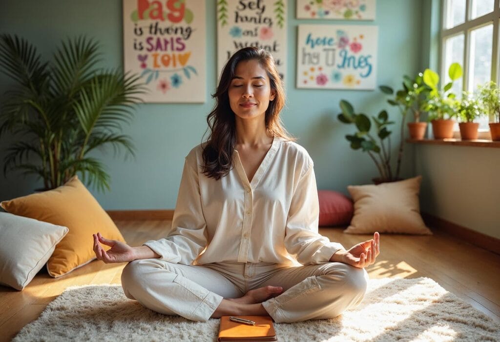 a woman in a room sitting on the floor with eyes closed, self awareness