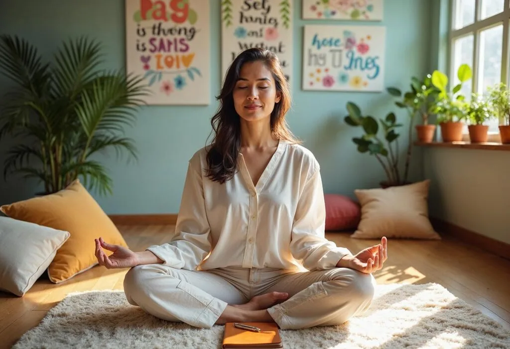 a woman in a room sitting on the floor with eyes closed, self awareness