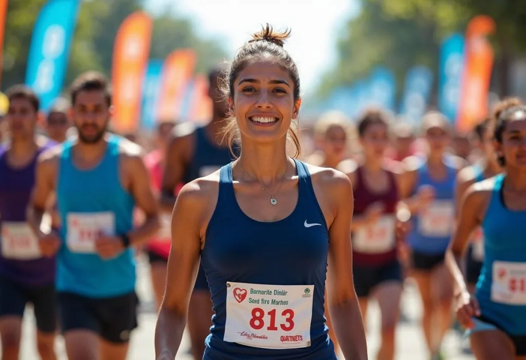 A woman confidently standing at the starting line of a community race, looking determined and energized. She is dressed in athletic gear and wearing a number bib, surrounded by other runners who are stretching and preparing. The atmosphere is filled with excitement and anticipation, with banners and cheering spectators in the background. Her expression shows a mix of nerves and exhilaration as she prepares to take the first step toward a new challenge. Bright sunlight shines down, symbolizing hope and the empowerment that comes from stepping outside her comfort zone.