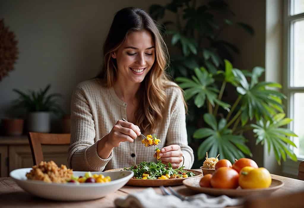 An ai image of a woman eating her food at the table