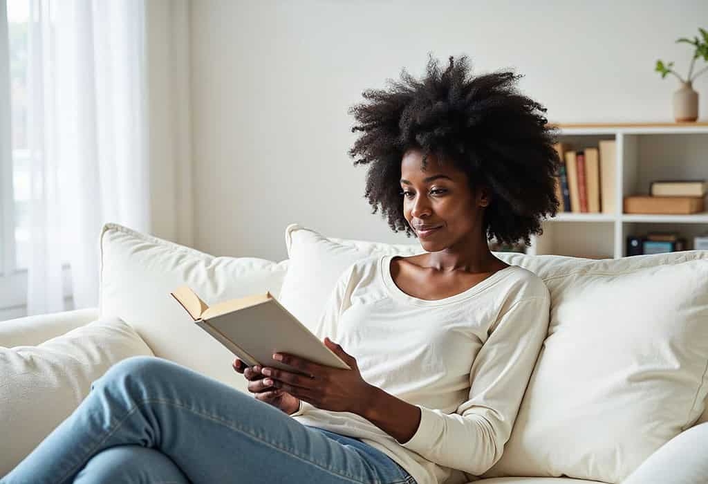 woman relaxing with a book on the sofa