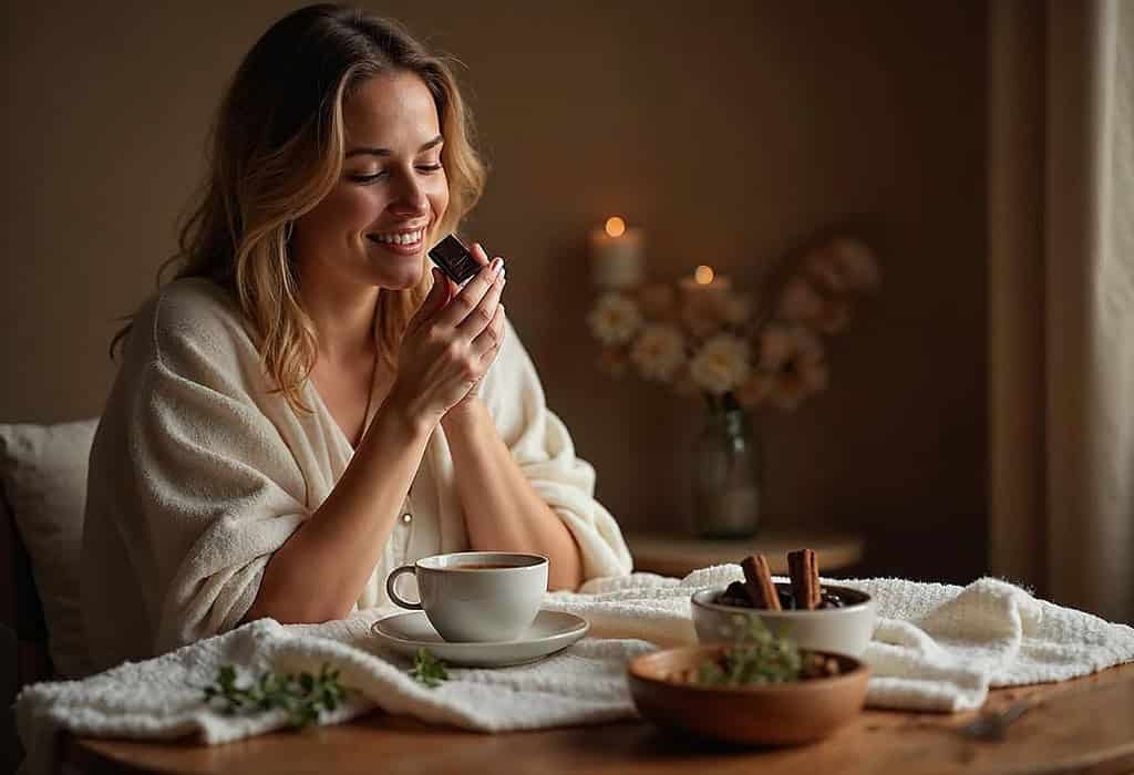 image of a woman seated at a cozy table in a warmly lit space, enjoying a hot cup of herbal tea or a small piece of dark chocolate. She takes a slow, mindful sip, eyes closed, savoring the taste with a serene smile. The setting is simple, with calming, earthy tones and a few comforting items, like a soft blanket draped over her shoulders. Nearby, a bowl of fresh herbs or spices like chamomile or cinnamon adds a hint of natural beauty, highlighting the sensory experience of taste-based relaxation.