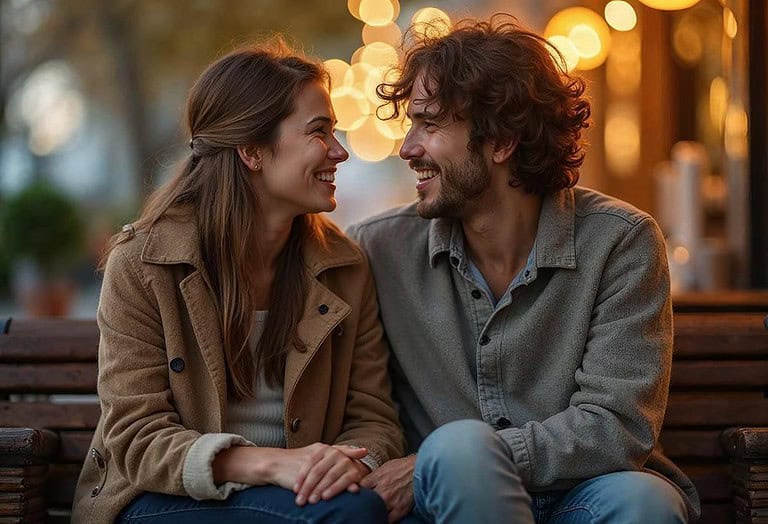 a couple sitting on a park bench in the autumn looking at each other smiling. The benefits of crushes