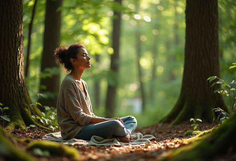 a woman seated peacefully in a lush forest setting, surrounded by tall, green trees and dappled sunlight filtering through the canopy. She sits comfortably on a soft blanket laid out on the forest floor, with earthy textures like moss and fallen leaves around her. The woman has a calm, relaxed expression as she takes in the natural surroundings, fully immersed in the sensory experience. The atmosphere is serene, capturing the essence of sensory relaxation in nature.