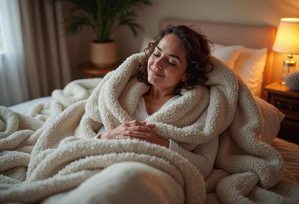 an image of a tranquil bedroom or living room where a woman is wrapped in a soft, oversized blanket, her eyes closed as she gently touches the fabric. She appears deeply relaxed, enjoying the comforting texture with a content expression. The room has warm lighting, and a cozy, weighted blanket is draped over her lap. Beside her, a small table holds a textured object or stress-relief ball, reinforcing the sensory relaxation theme through touch. The ambiance is quiet and comforting, inviting complete relaxation through tactile sensations.