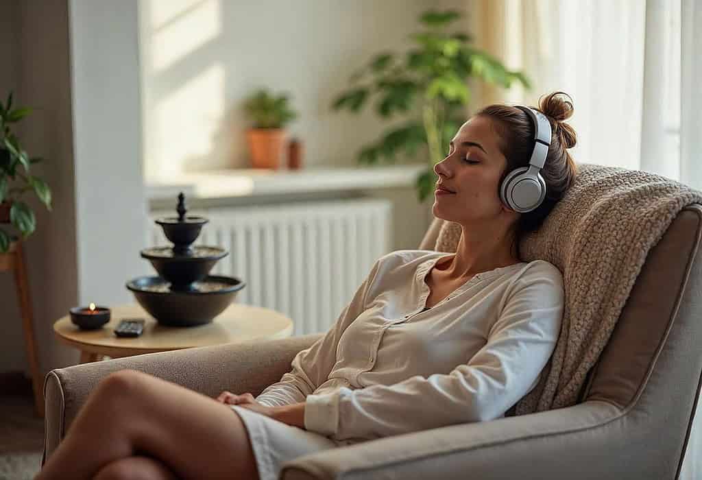 a cozy indoor setting with a woman sitting comfortably in a soft armchair, eyes closed, with wireless headphones over her ears, listening intently. Next to her is a small table with a softly bubbling fountain, adding natural sound. Gentle light fills the room, and the woman’s expression shows she’s absorbed in the sounds, completely at ease. The room has a few warm, inviting elements—a fluffy blanket draped over her lap and a small potted plant nearby—creating a tranquil atmosphere for auditory relaxation.

