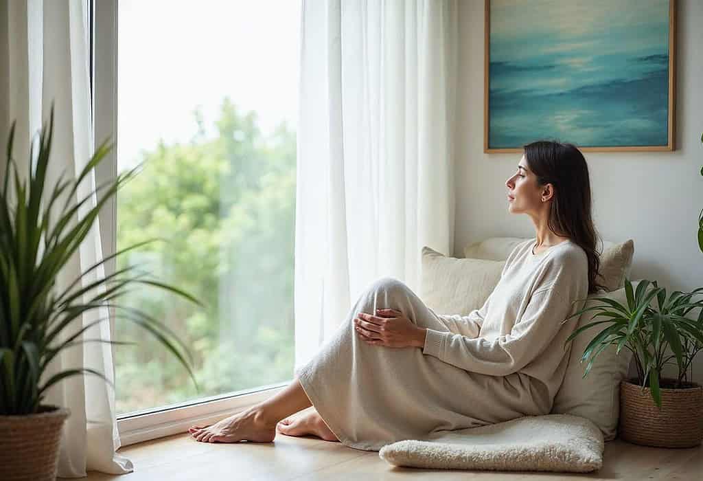 Sensory Exploration, an image of a peaceful, minimalist room with a woman seated comfortably by a large window, where soft natural light filters in. She gazes calmly at a scenic nature view or an art piece with soft blues and greens on the wall, evoking calm. Indoor plants surround her, and the space is decorated in soothing colors, with a few cozy items like a throw blanket on her lap. She appears relaxed, fully absorbed in the serene ambiance, embodying visual relaxation.