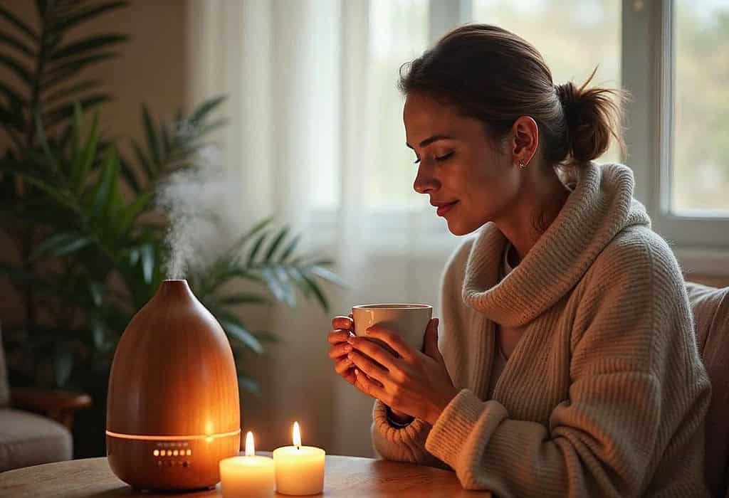 a serene, softly lit space with a woman seated at a small table with a few lit candles or a gentle essential oil diffuser emitting a calming mist. She’s inhaling deeply, enjoying the scent with a peaceful expression, hands wrapped around a warm cup. The scene includes soothing, earthy decor and subtle touches of greenery, creating a natural, relaxing atmosphere. The woman’s body language suggests she’s taking a quiet moment to fully appreciate the calming aroma around her.