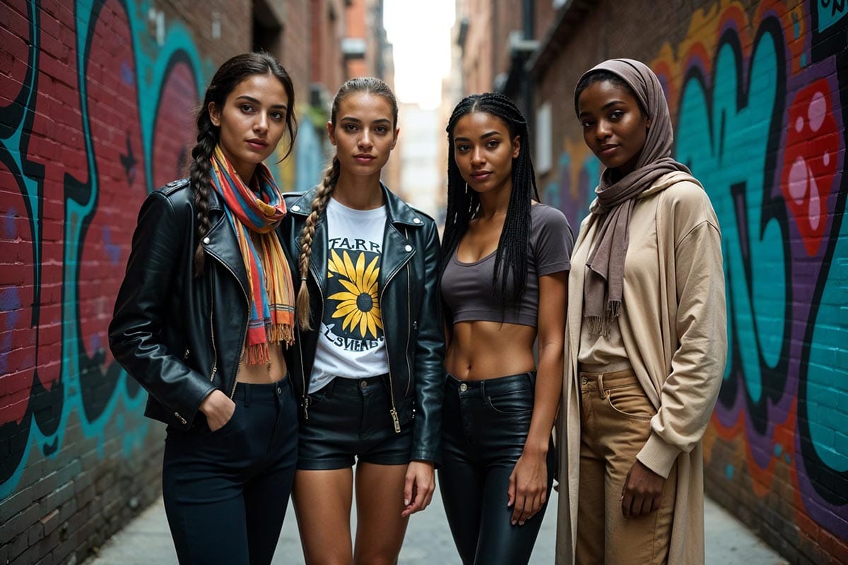 A group of four diverse women posing in a graffiti-covered alley in New York City for a fashion magazine, wearing casual chic attire: A South Asian woman with a long braid in a colorful scarf and a graphic tee; a Caucasian woman with a pixie cut in a leather jacket and a mini skirt; a Black woman with box braids in a hoodie and leggings; and a Middle Eastern woman with a hijab in a long cardigan and wide-leg pants. The theme is "Street Style Fashion: Unleash Your Unique Style and Embrace Creative Trends
