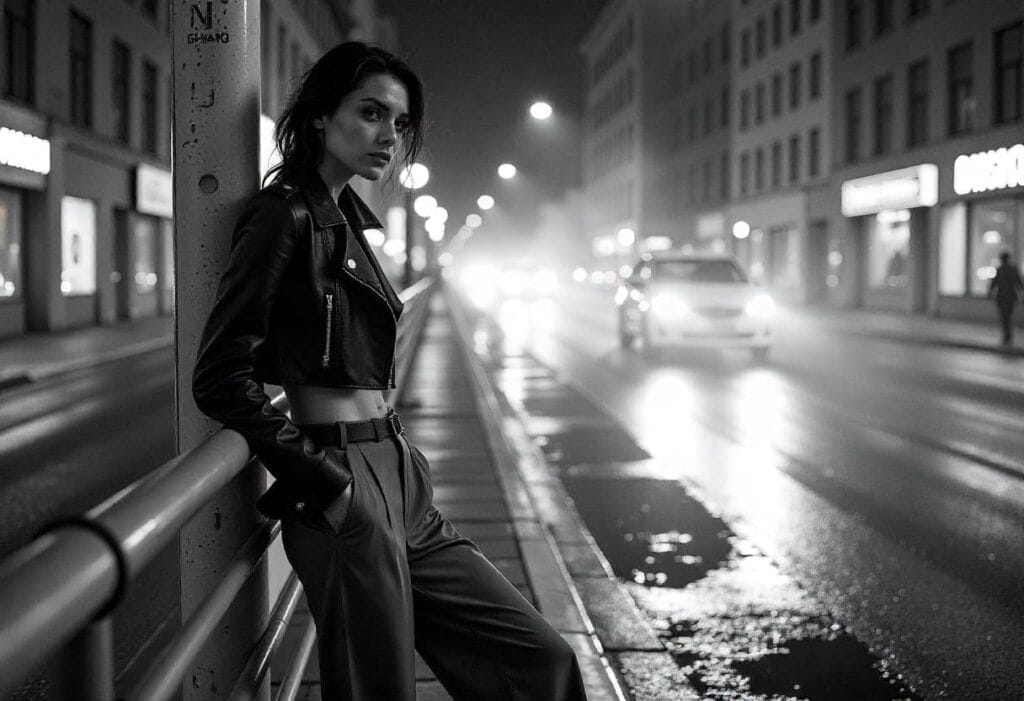 woman in street photography pose at night