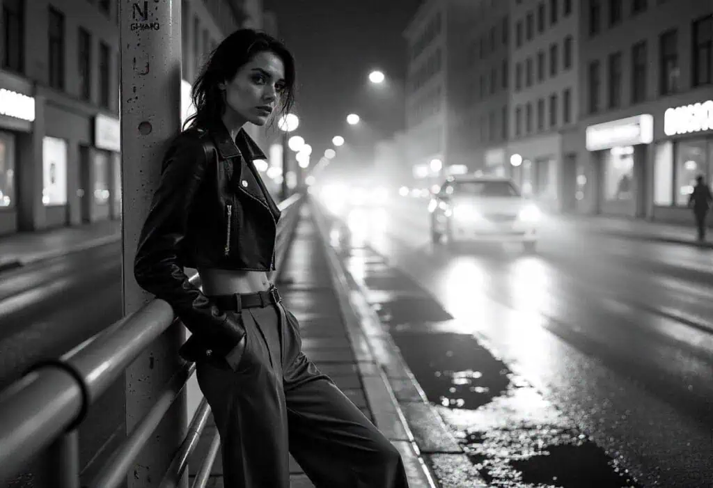 woman in street photography pose at night