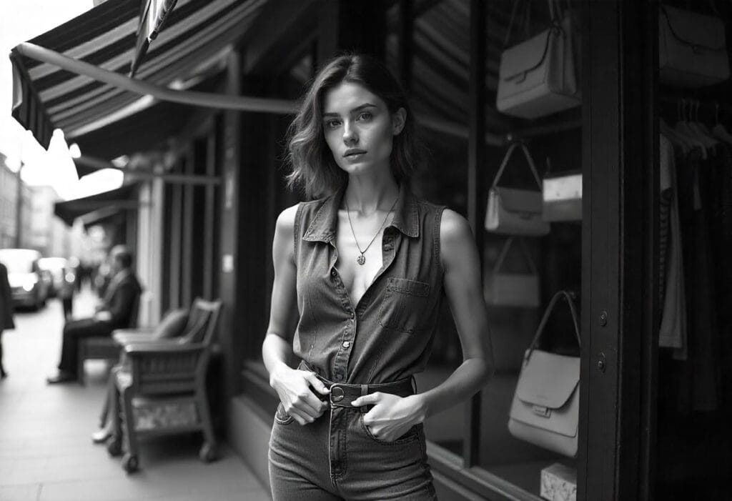 fashion model, standing under a striped awning of a boutique selling retro clothes, adjusting her belt with a confident stare, vintage purses hanging behind her — gritty downtown setting, monochrome style