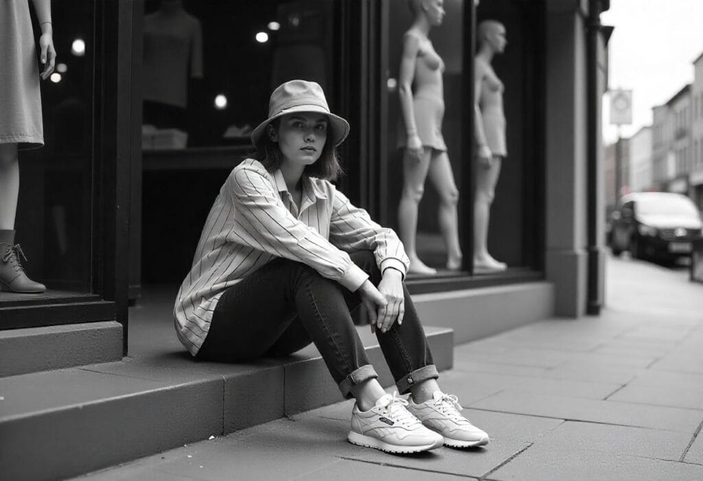 Model sitting on a step outside a retro fashion shop with mannequins in the background, wearing a bucket hat, vintage Reeboks, and striped shirt — laid-back pose, soft monochrome contrast, in black and white