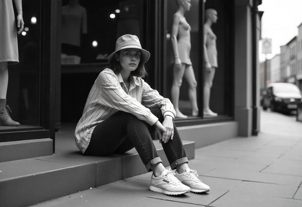 Model sitting on a step outside a retro fashion shop with mannequins in the background, wearing a bucket hat, vintage Reeboks, and striped shirt — laid-back pose, soft monochrome contrast, in black and white