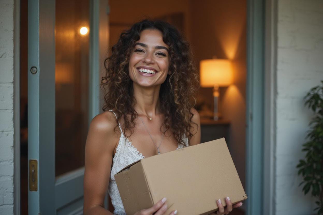 freepik__the-style-is-candid-image-photography-with-natural__99910 summer clothes on Amazon delivered straight to your door as demostrated by this woman smiling holding her amazon parcel