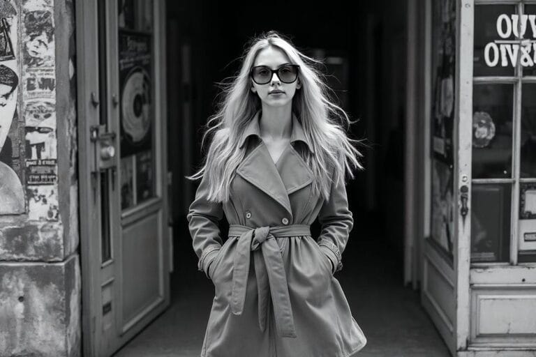 street photograpy wth a mdel standng in a shop door way