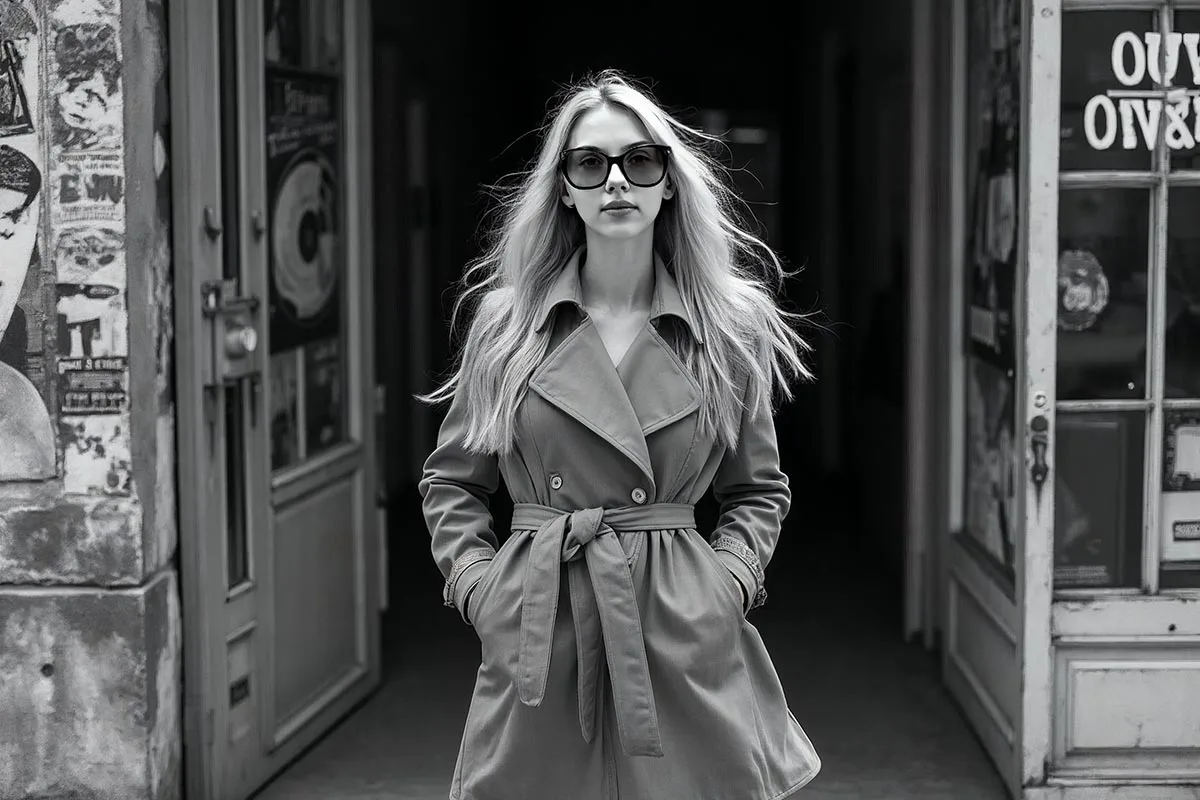 street photograpy wth a mdel standng in a shop door way