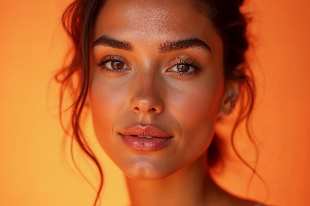 Editorial-close-up-portrait-of-a-woman-with-radiant-glowing-skin Editorial close-up portrait of a woman with radiant glowing skin, warm peach and golden backdrop, glossy natural makeup, soft studio lighting, magazine cover aesthetic, full color.