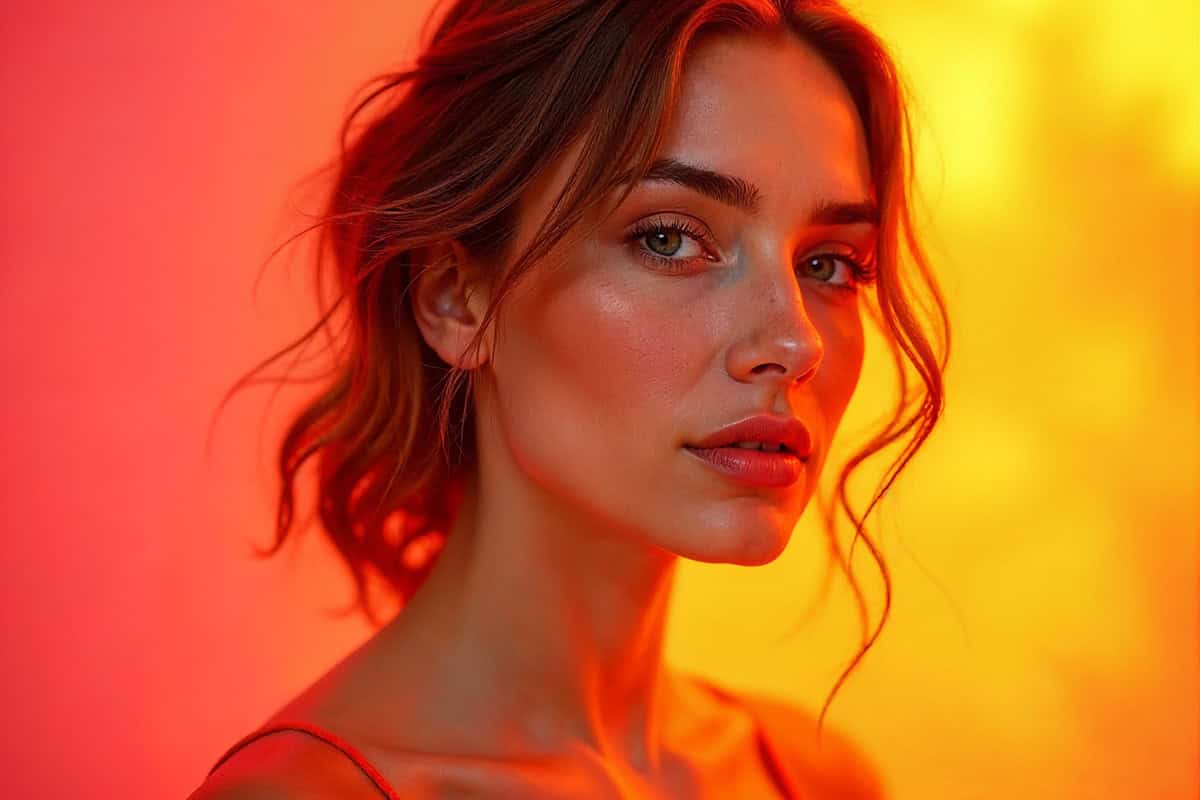 Vibrant editorial beauty portrait of a woman with radiant glowing skin, surrounded by colorful abstract backgrounds in soft pink, coral, and golden hues, modern fashion magazine photography, glossy finish, full color.