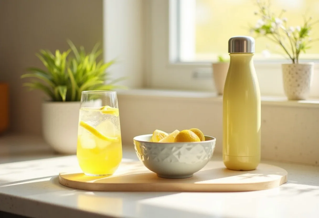 A close-up lifestyle photo of a stylish morning breakfast setup: a glass of water with lemon, a smoothie bowl, and a reusable water bottle on a bright kitchen counter. Sunlight streaming in, fresh and vibrant atmosphere, wellness-inspired composition.