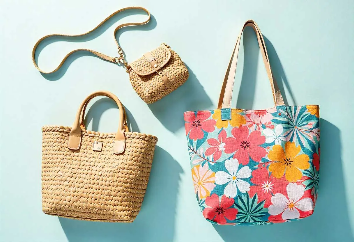 Flat lay collage of trendy summer bags — woven straw tote, mini crossbody, oversized canvas tote, and bold patterned bag — arranged aesthetically on a clean neutral background, styled like a fashion editorial spread.