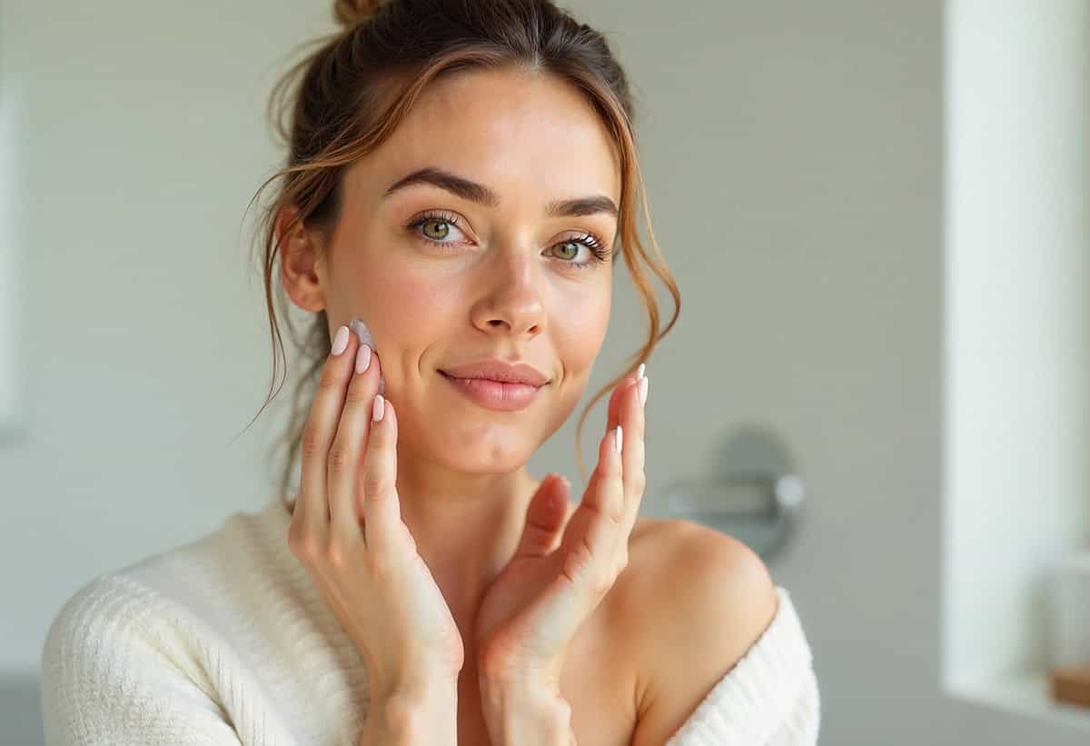 freepik__the-style-is-candid-image-photography-with-natural__24434 Modern lifestyle beauty shot of a woman in a minimal bathroom, gently massaging moisturizer into her face, glowing skin, calm expression, looking directly at the camera, clean white and neutral background, full color.