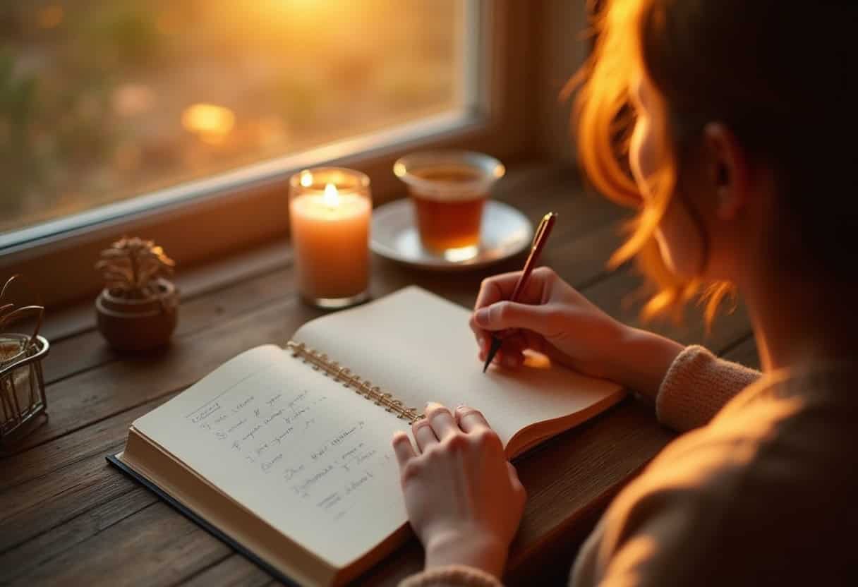 A cozy lifestyle photo of a person journaling at a wooden desk by a window. A cup of herbal tea, an open gratitude journal, and a lit candle nearby. Warm, mindful, and serene atmosphere, designed to illustrate calm morning rituals.