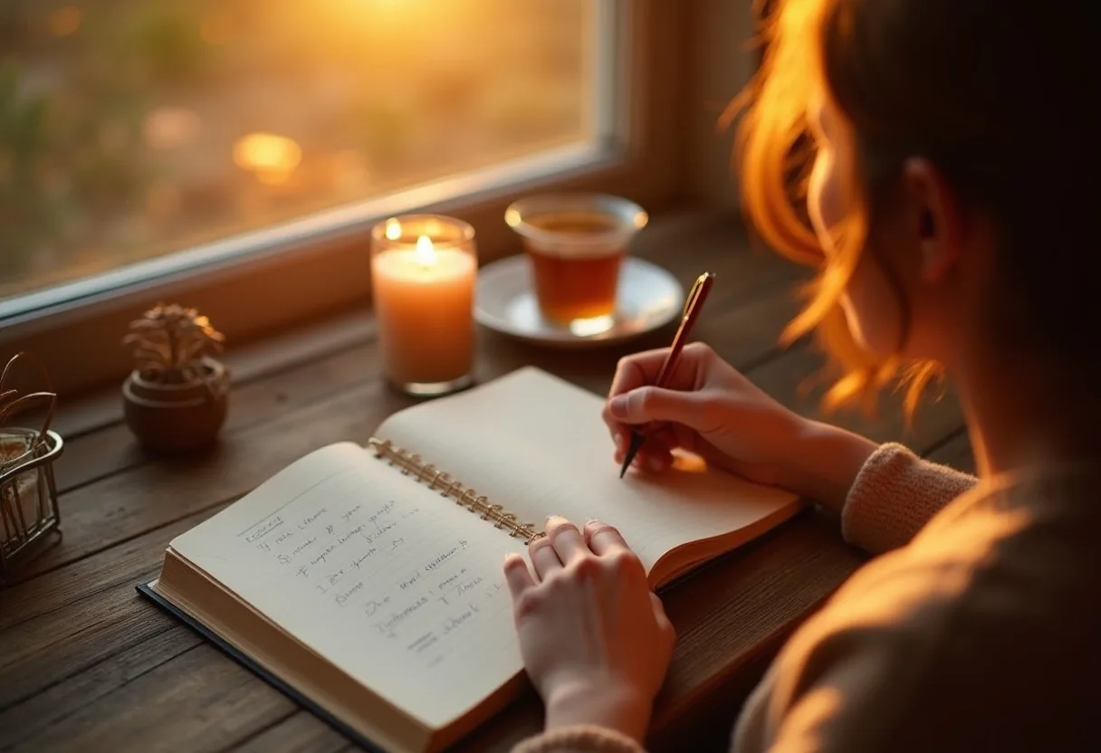 A cozy lifestyle photo of a person journaling at a wooden desk by a window. A cup of herbal tea, an open gratitude journal, and a lit candle nearby. Warm, mindful, and serene atmosphere, designed to illustrate calm morning rituals.