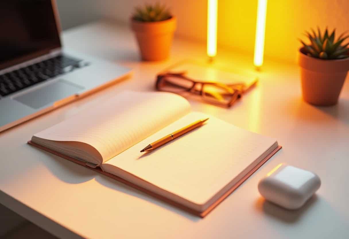 A clean, modern flat lay of productivity tools for a stylish morning routine: a planner, pen, wireless earbuds, and a laptop on a minimalist desk. Bright daylight, neutral tones, magazine-style composition.