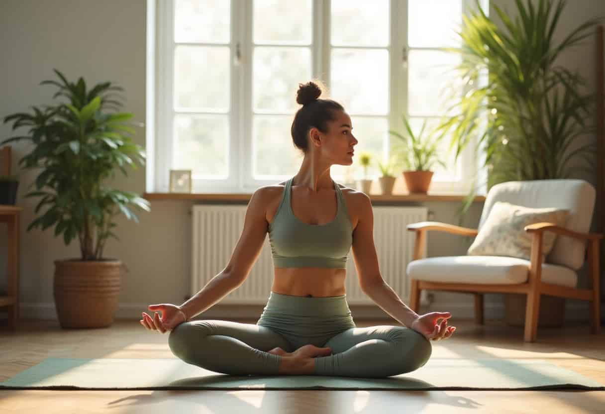 A modern lifestyle photo of a woman practicing yoga on a mat in a bright living room with greenery around. She’s mid-stretch, wearing sleek activewear, soft natural light filling the room. Calm, energising, and aspirational morning vibe.