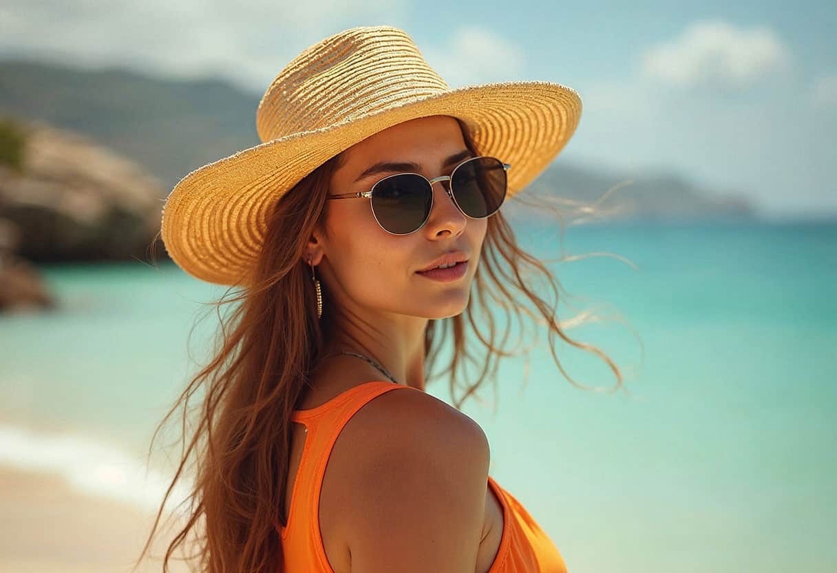 a woman close up on the beach wearing a hat and sunglasses