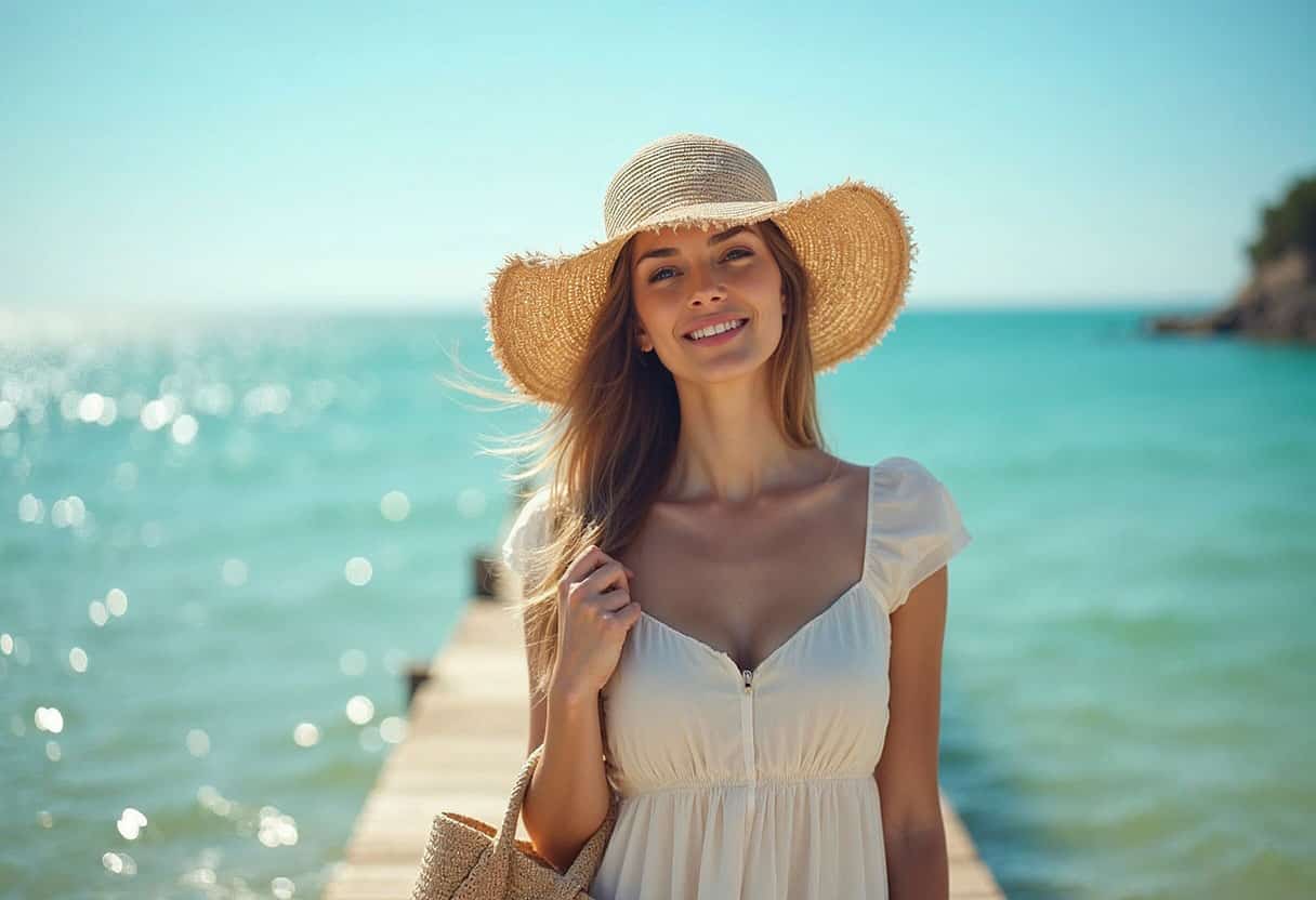 freepik__the-style-is-candid-image-photography-with-natural__86666 a woman standing on a pier on a warm sunny day with the sea in her background showing off best summer hats 2025